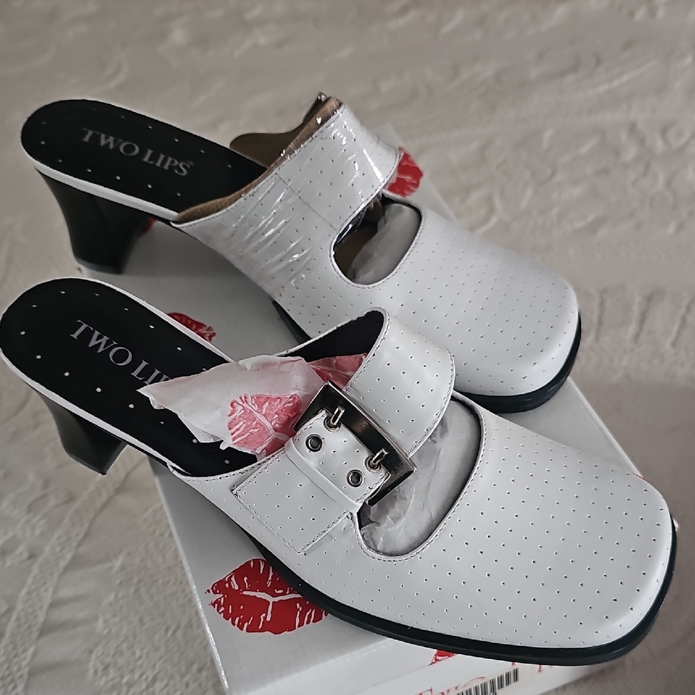 Two Lips Women's White Heeled Mules